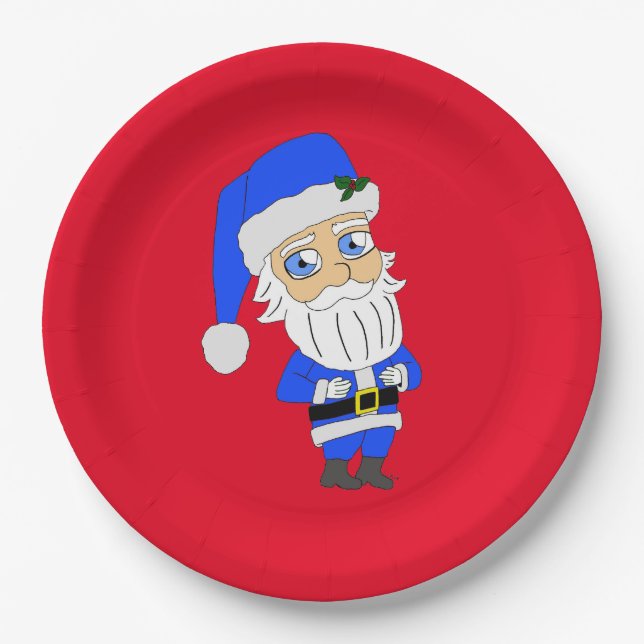 Chibi Blue Suit Santa Paper Plates (Front)