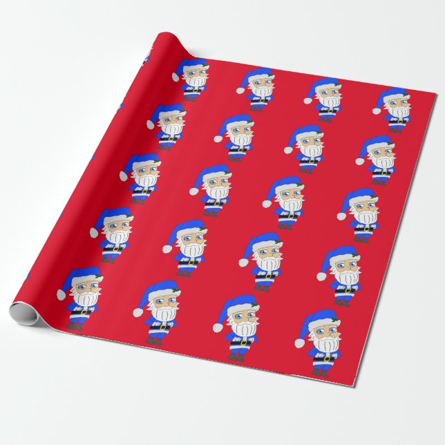 Chibi Blue Suit Santa Wrapping Paper (Unrolled)