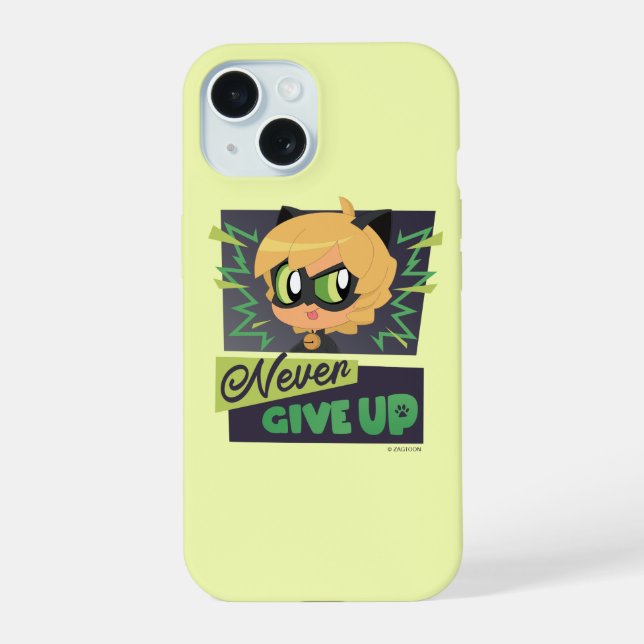Chibi Cat Noir Never Give Up iPhone 15 Case (Back)