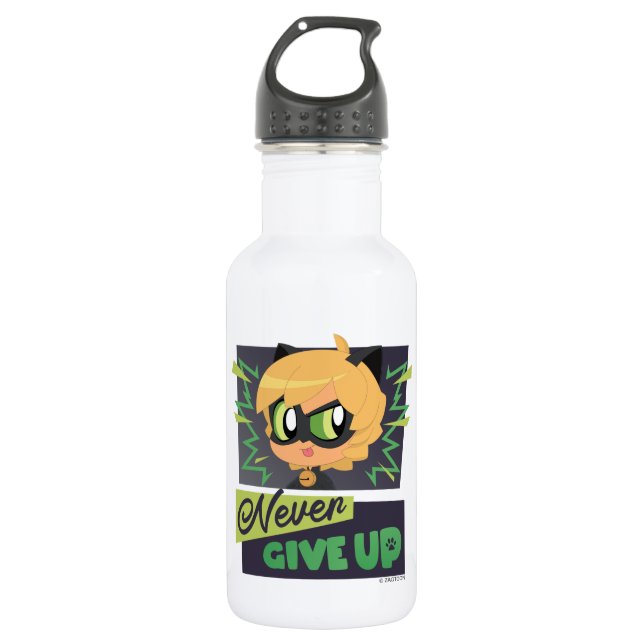 Chibi Cat Noir Never Give Up Stainless Steel Water Bottle (Front)