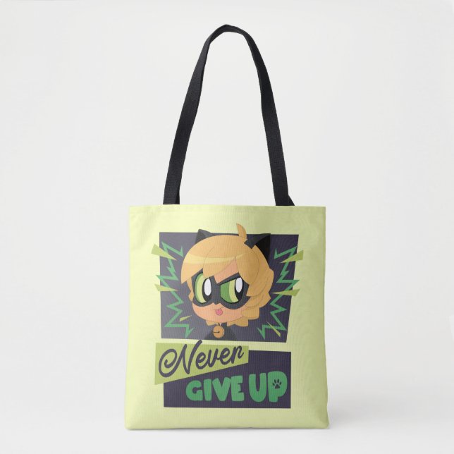 Chibi Cat Noir Never Give Up Tote Bag (Front)