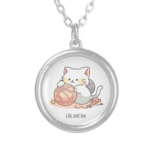 Chibi Cat Playing with Yarn Ball  Japanese Anime  Silver Plated Necklace