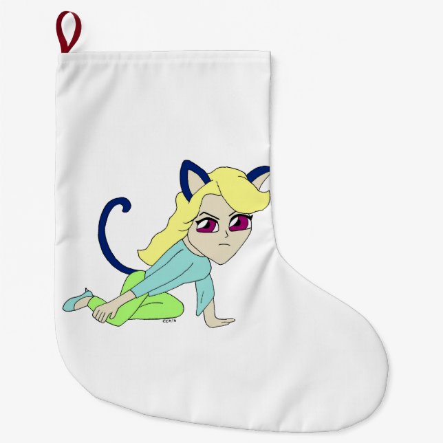 chibi catgirl  large christmas stocking (Front)