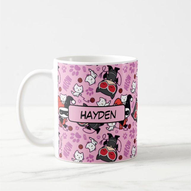 Chibi Catwoman, Harley Quinn, & Kittens Pattern Coffee Mug (Left)