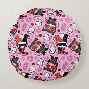 Chibi Catwoman, Harley Quinn, & Kittens Pattern Round Pillow