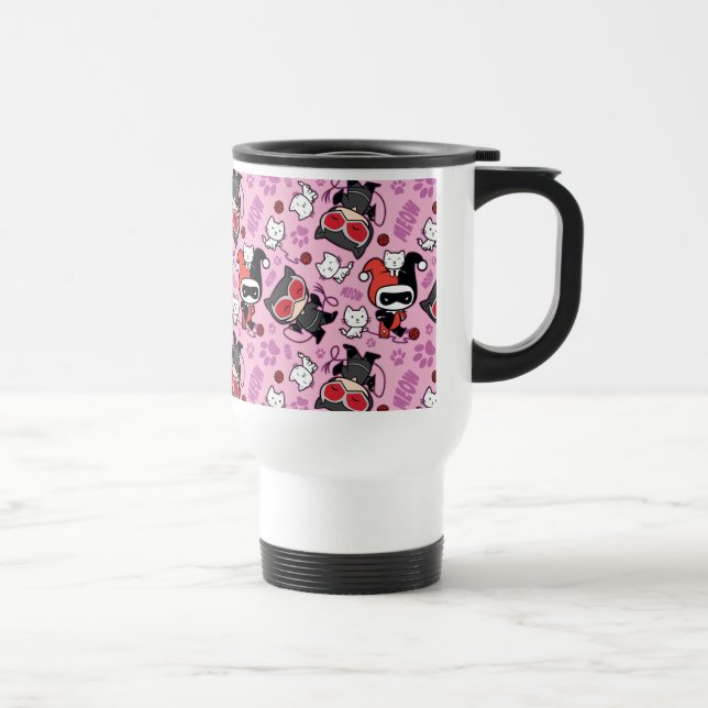 Chibi Catwoman, Harley Quinn, & Kittens Pattern Travel Mug (Right)