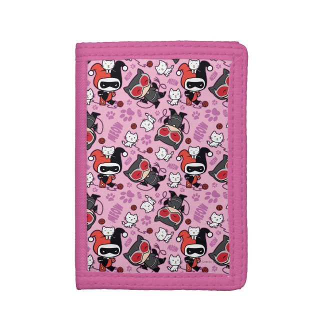 Chibi Catwoman, Harley Quinn, & Kittens Pattern Trifold Wallet (Front Vertical)