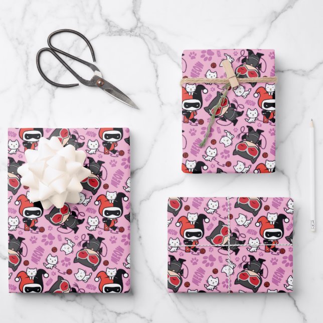 Chibi Catwoman, Harley Quinn, & Kittens Pattern Wrapping Paper Sheets (Front)