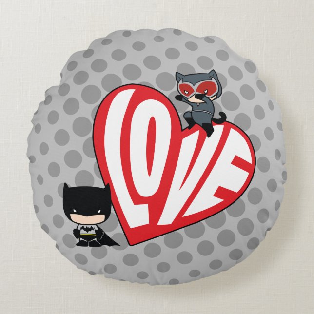Chibi Catwoman Pounce on Batman Round Pillow (Front)