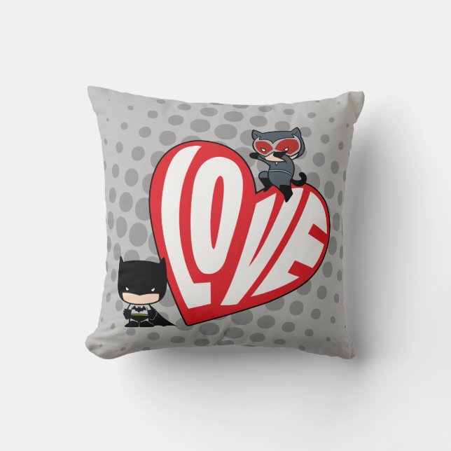 Chibi Catwoman Pounce on Batman Throw Pillow (Front)