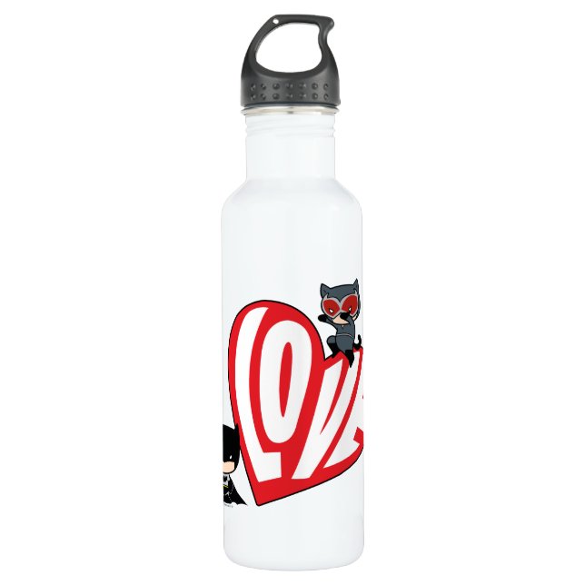 Chibi Catwoman Pounce on Batman Water Bottle (Front)