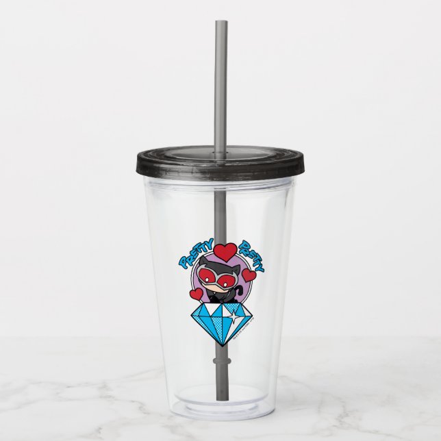 Chibi Catwoman Sitting Atop Large Diamond Acrylic Tumbler (Front)