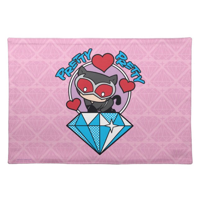 Chibi Catwoman Sitting Atop Large Diamond Cloth Placemat (Front)