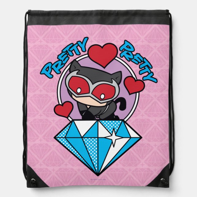 Chibi Catwoman Sitting Atop Large Diamond Drawstring Bag (Front)