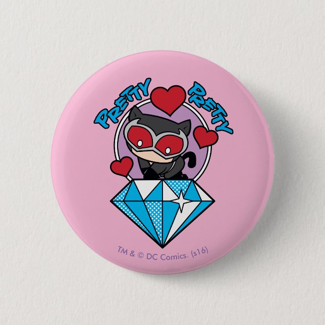 Chibi Catwoman Sitting Atop Large Diamond Pinback Button (Front)