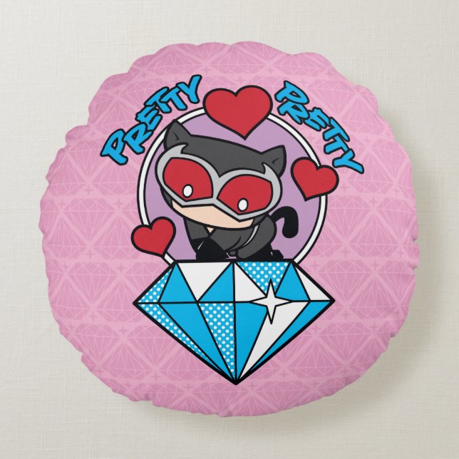 Chibi Catwoman Sitting Atop Large Diamond Round Pillow (Front)