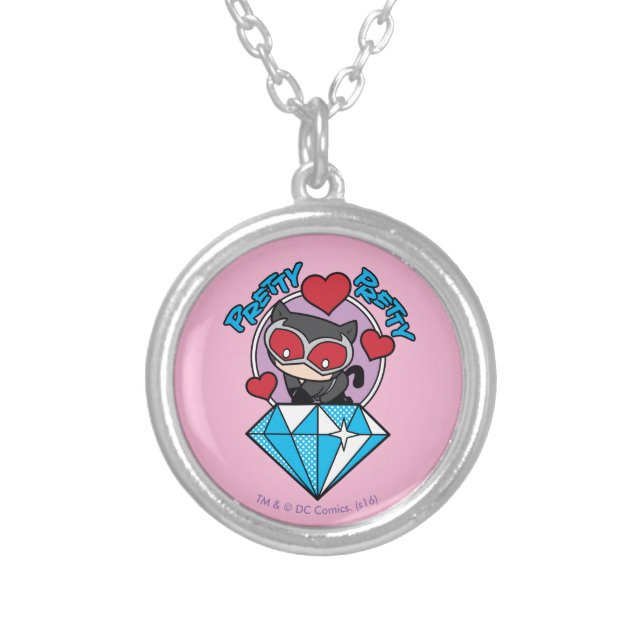 Chibi Catwoman Sitting Atop Large Diamond Silver Plated Necklace (Front)