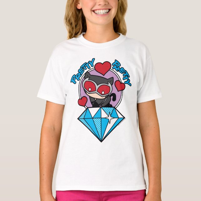 Chibi Catwoman Sitting Atop Large Diamond T-Shirt (Front)