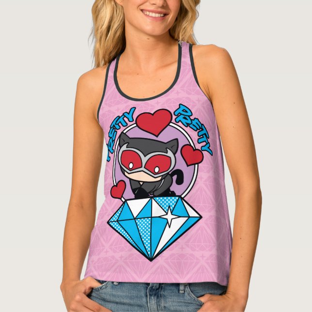 Chibi Catwoman Sitting Atop Large Diamond Tank Top (Front)