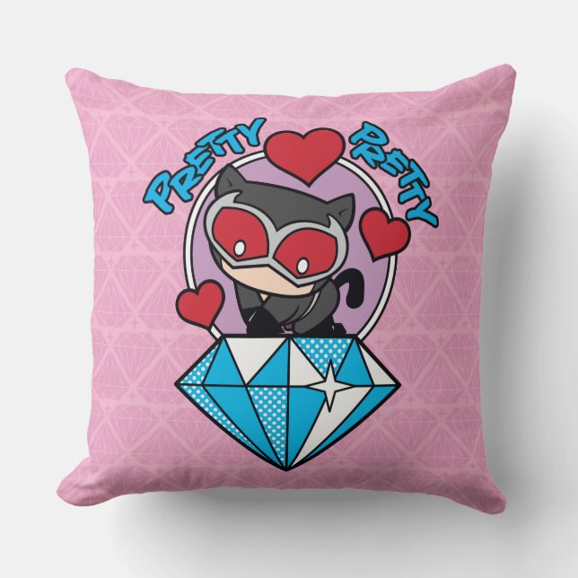 Chibi Catwoman Sitting Atop Large Diamond Throw Pillow (Front)