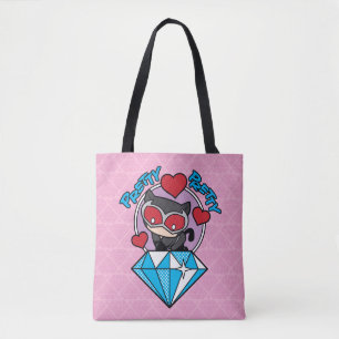 Chibi Catwoman Sitting Atop Large Diamond Tote Bag