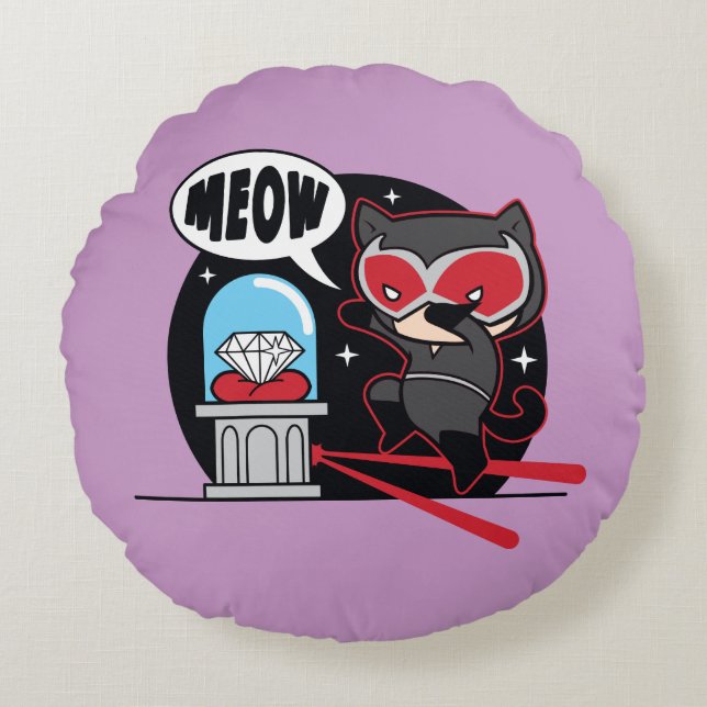 Chibi Catwoman Stealing A Diamond Round Pillow (Front)