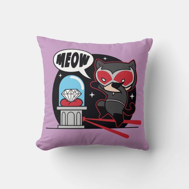 Chibi Catwoman Stealing A Diamond Throw Pillow (Front)