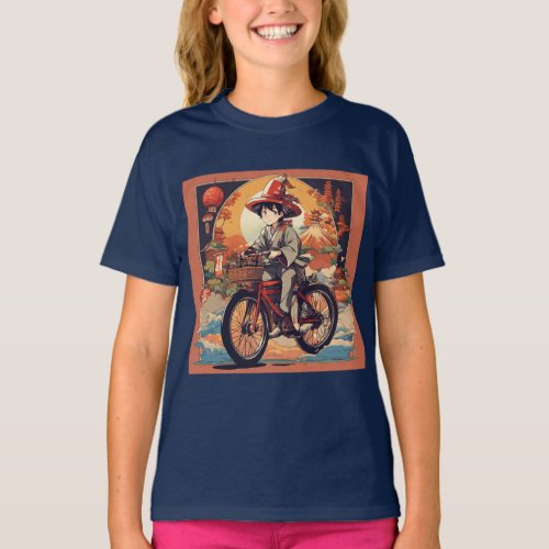 Chibi Character Men Riding Bicycle Printed Kids  T_Shirt
