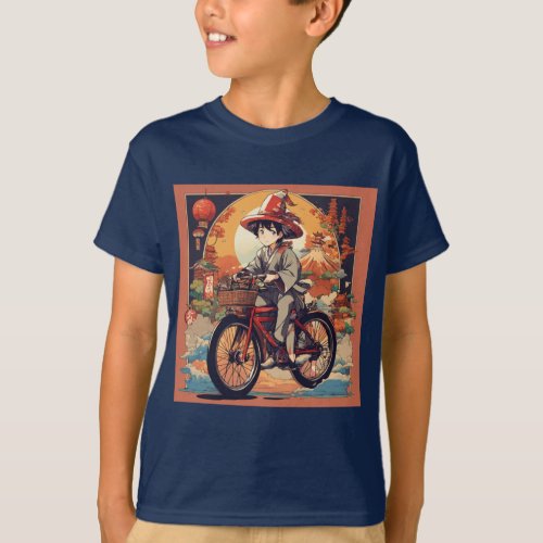 Chibi Character Men Riding Bicycle Printed Kids  T_Shirt