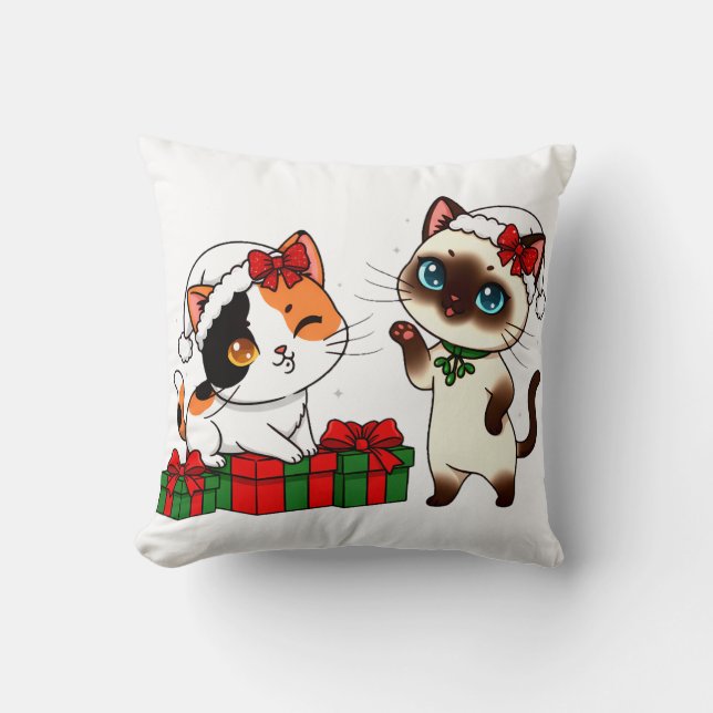 Chibi Christmas Cats with Presents Throw Pillow (Front)