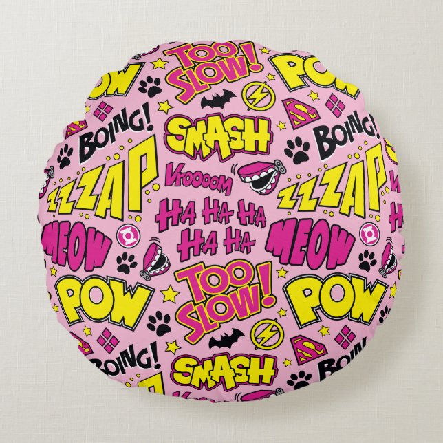 Chibi Comic Phrases and Logos Pattern Round Pillow (Front)
