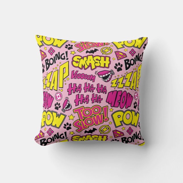 Chibi Comic Phrases and Logos Pattern Throw Pillow (Front)