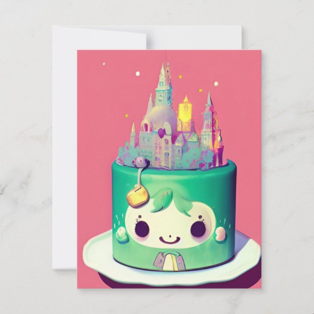 Chibi cute birthday cake green castle holiday card (Front)