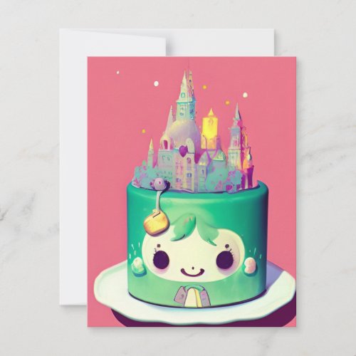 Chibi cute birthday cake green castle holiday card