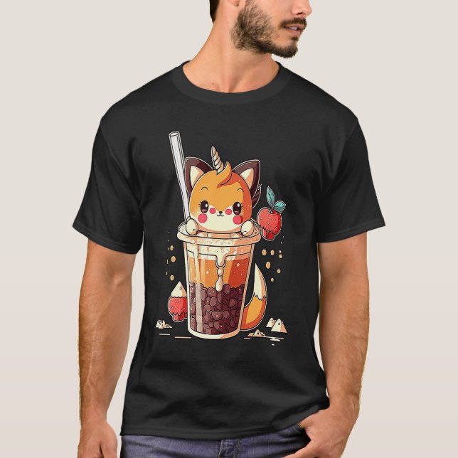Chibi Cute Bubble Tea Fox Boba Tea T-Shirt (Front)