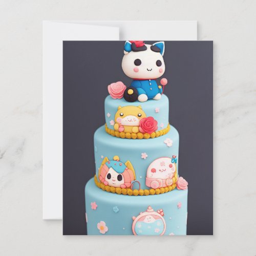Chibi cute kitty cat blue yellow birthday cake holiday card