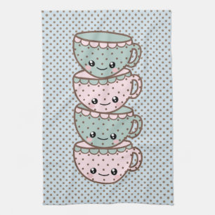 Chibi Dotty Teacup Stack Pink and Blue Kitchen Towel