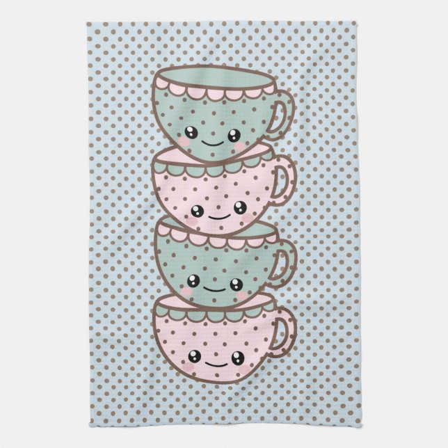 Chibi Dotty Teacup Stack Pink and Blue Kitchen Towel (Vertical)