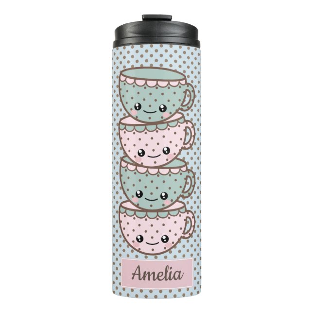 Chibi Dotty Teacup Stack Pink and Blue Thermal Tumbler (Front)