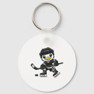Chibi Duck Playing Ice Hockey Cute Design Keychain