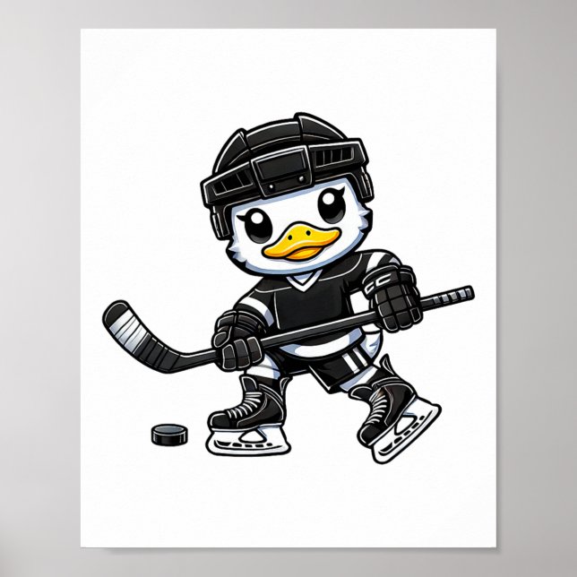 Chibi Duck Playing Ice Hockey Cute Design  Poster (Front)