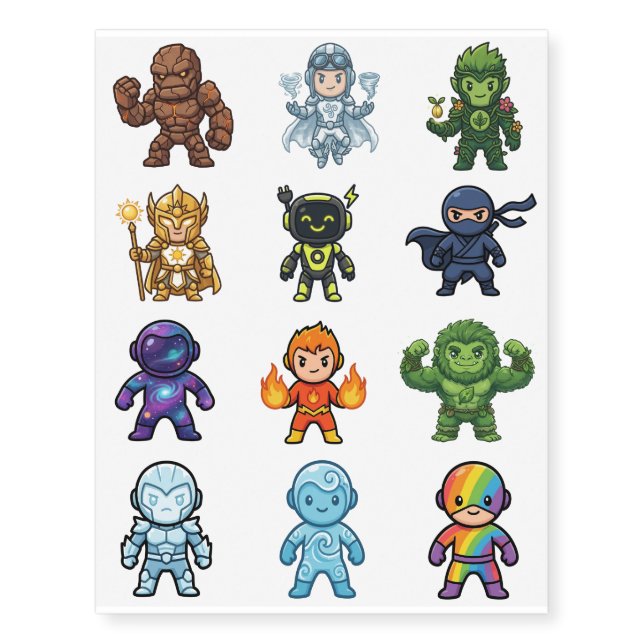 Chibi Elemental Superhero for Kids - Set of 12 Temporary Tattoos (Front)