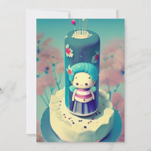 Chibi faery grandma birthday cake green red flower holiday card