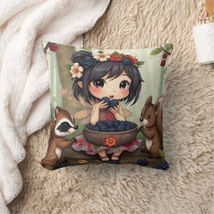 Chibi Fairy and Forest Animals Throw Pillow