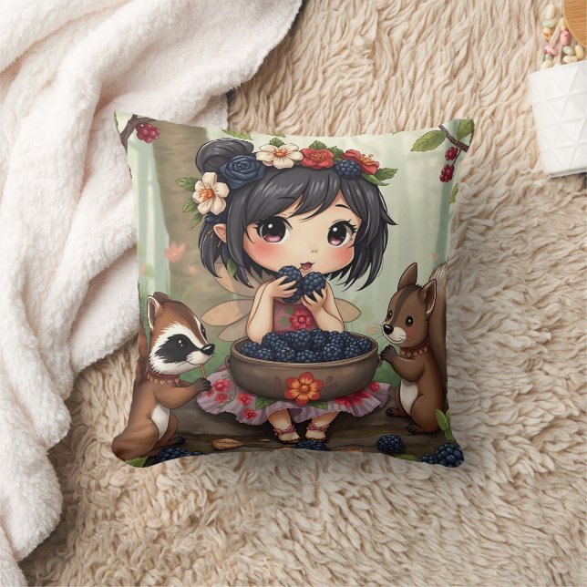 Chibi Fairy and Forest Animals  Throw Pillow (Blanket)