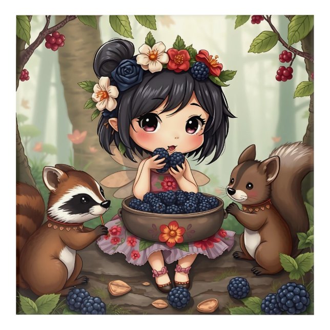 Chibi Fairy Eating Blackberries with Forest Friend Acrylic Print (Front)