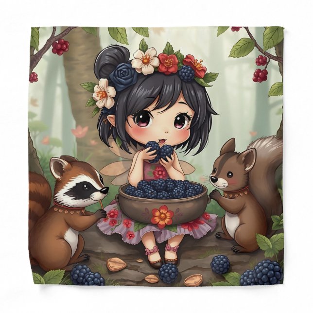 Chibi Fairy Eating Blackberries with Forest Friend Bandana (Front)