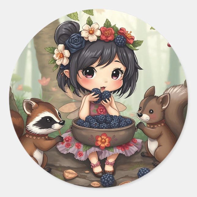 Chibi Fairy Eating Blackberries with Forest Friend Classic Round Sticker (Front)