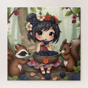 Chibi Fairy Eating Blackberries with Forest Friend Jigsaw Puzzle