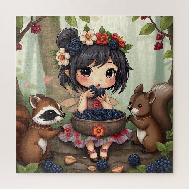 Chibi Fairy Eating Blackberries with Forest Friend Jigsaw Puzzle (Vertical)